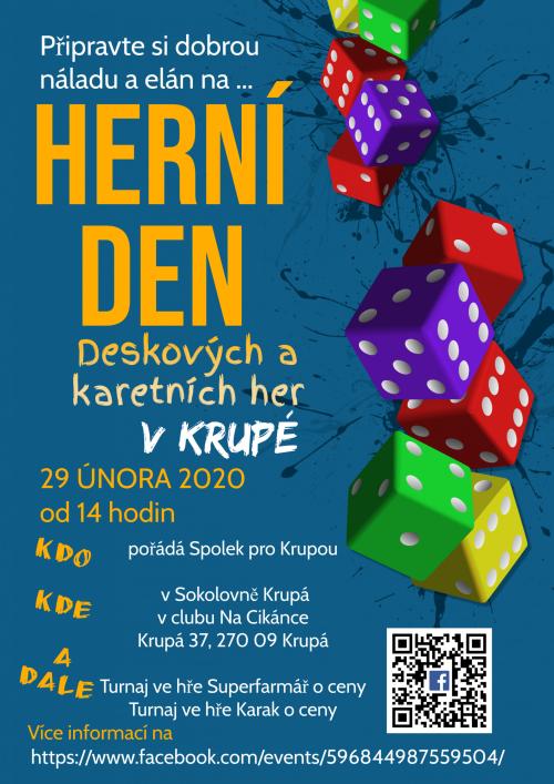 Plakát Herní den v sokolovně Krupá 29.2.2020