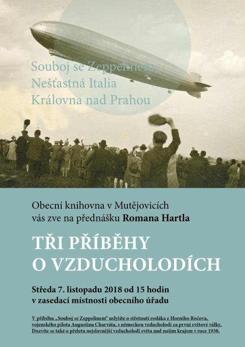 Plakát na přednášku Romana HartlaTři příběhy o vzducholodích